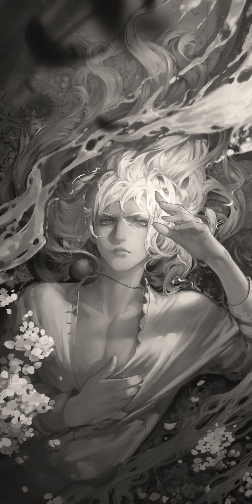 1boy, absurdres, berserk, greyscale, griffith, highres, hunsay, long_hair