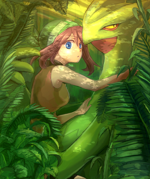 1girl, bandana, blue_eyes, brown_hair, commentary_request, derauea, haruka_(pokemon), haruka_(pokemon)_(remake)