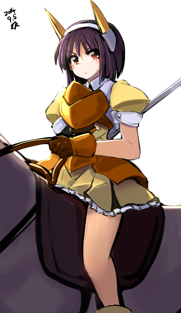 armor, gloves, headgear, misha_(sennen_sensou_aigis), momo_(higanbana_and_girl), purple_hair, red_eyes, riding