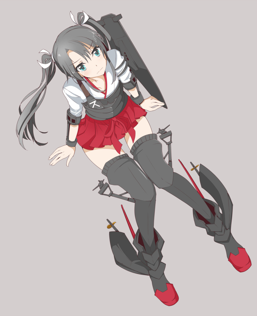 1girl, aqua_eyes, boots, flight_deck, from_above, grey_background, grey_hair, hair_ribbon