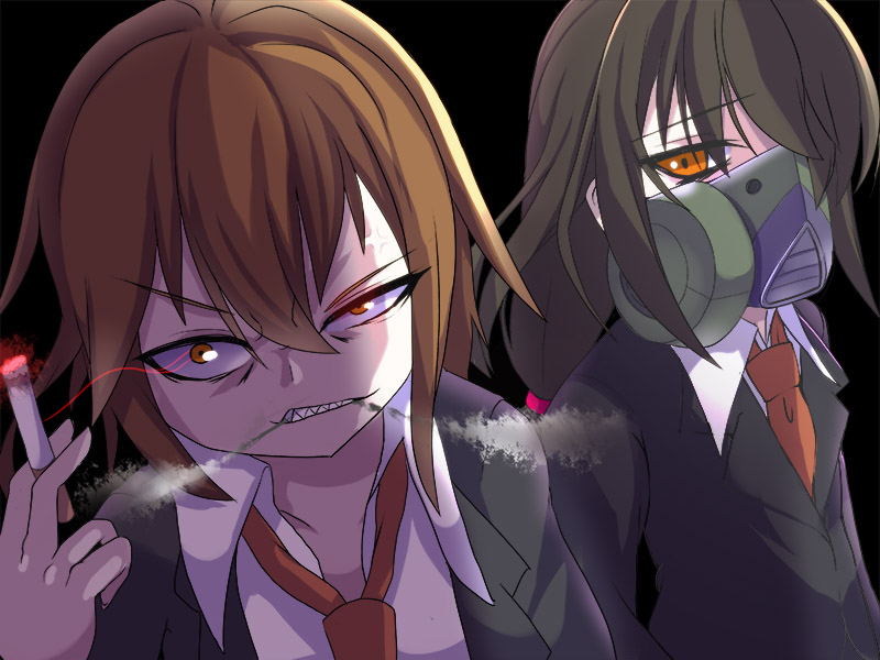 2girls, anger_vein, black_background, black_hair, brown_hair, cigarette, collarbone, gas_mask, glowing, glowing_eye, hatsushimo_(kantai_collection), jacket, kantai_collection, long_hair, long_sleeves, low-tied_long_hair, multiple_girls, namesake, necktie, nu_(pixiv8788893), orange_eyes, sharp_teeth, short_hair, simple_background, smoke, smoking, wakaba_(kantai_collection)