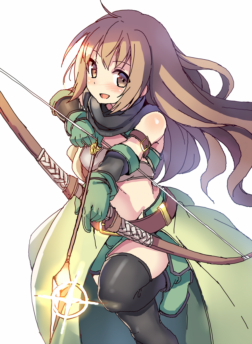 1girl, arrow, belt, black_legwear, blush, bow_(weapon), brown_eyes, brown_hair