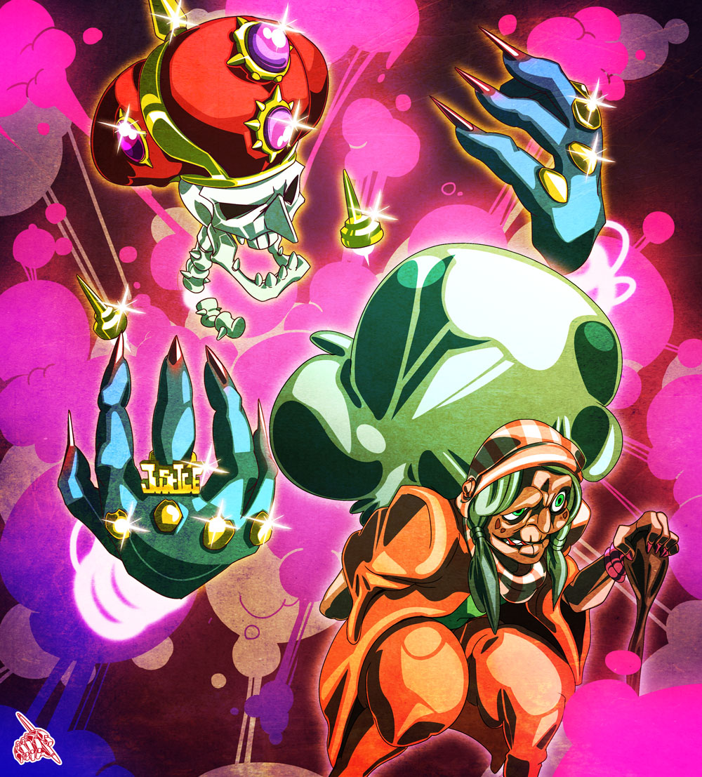 1girl, crown, enya_geil, green_hair, hat, jojo_no_kimyou_na_bouken, justice_(stand), nu_(pixiv8788893)