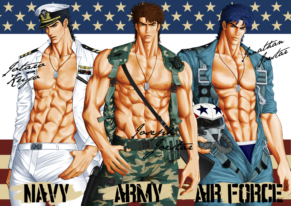 3boys, black_hair, blue_hair, brown_hair, hat, jojo_no_kimyou_na_bouken, jonathan_joestar, joseph_joestar_(young), kuujou_joutarou, manly, military, military_hat, military_uniform, multiple_boys, muscle, realistic, uniform, wahrheit