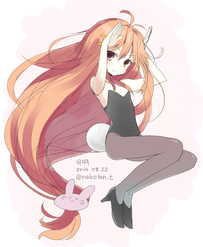 1girl, antenna_hair, black_legwear, blush, bunny_pose, bunny_tail, bunnysuit, character_name