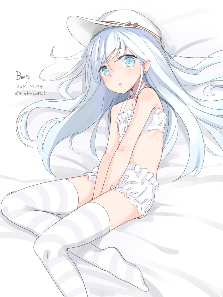 1girl, :o, alternate_costume, bloomers, blue_eyes, blush, character_name, cinderella_bust