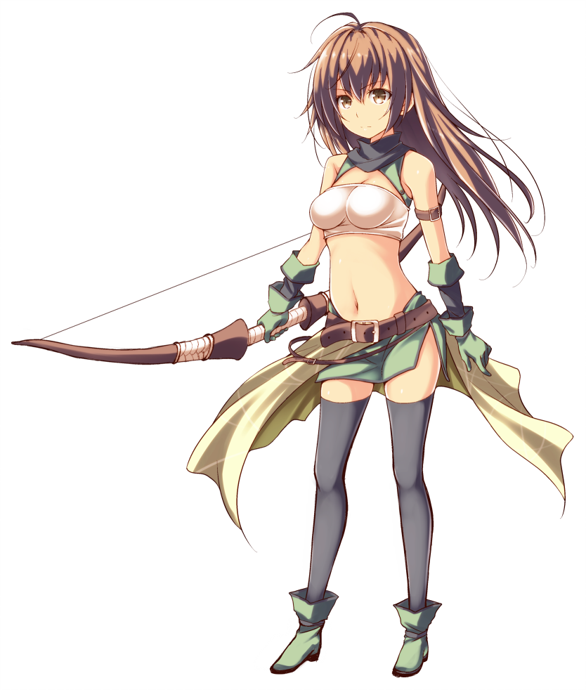 1girl, bandeau, bare_shoulders, belt, big_wednesday, black_legwear, bow_(weapon), brown_eyes