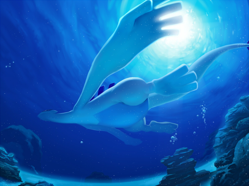 bubble, lugia, nature, no_humans, pokemon, pokemon_(creature), rock, sand