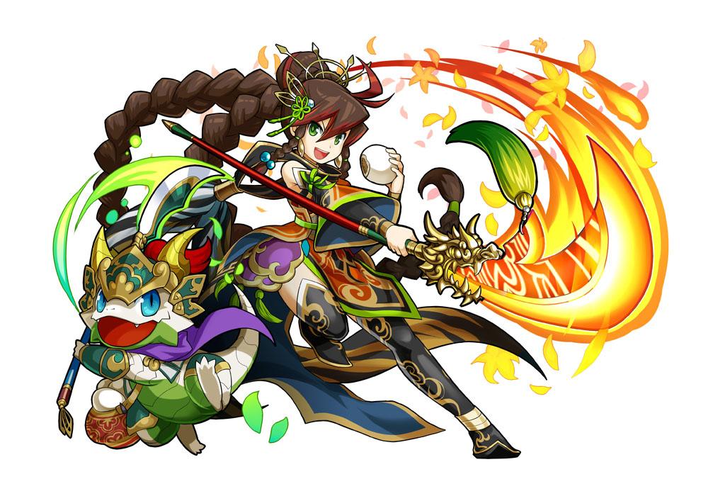 1girl, braid, brown_hair, chinese_clothes, food, green_eyes, guan_yinping_(p&amp;d), hair_ornament, looking_at_viewer, naginata, nikuman, official_art, open_mouth, polearm, puzzle_&amp;_dragons, smile, solo, twin_braids, weapon, winron