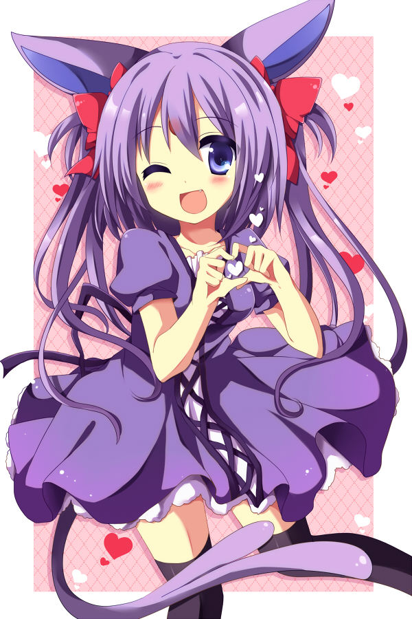 1girl, ;d, animal_ears, black_legwear, bow, dress, espeon, forked_tail, hair_bow, hair_ribbon, heart, heart_hands, long_hair, looking_at_viewer, open_mouth, personification, pokemon, purple_dress, purple_hair, ribbon, smile, solo, thighhighs, twintails, uguisu_mochi_(ykss35), violet_eyes, wink, zettai_ryouiki