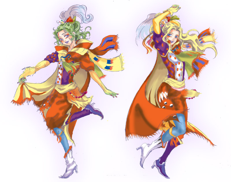 blue_eyes, cape, cefca_palazzo, cefca_palazzo_(cosplay), celes_chere, cosplay, final_fantasy, final_fantasy_vi, green_hair, kefka_palazzo, kefka_palazzo_(cosplay), lipstick, merahando, pantyhose, ponytail, purple_eyes, tina_branford, violet_eyes