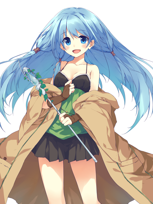1girl, :d, blue_eyes, blue_hair, breasts, character_request, holding, ite_fuji