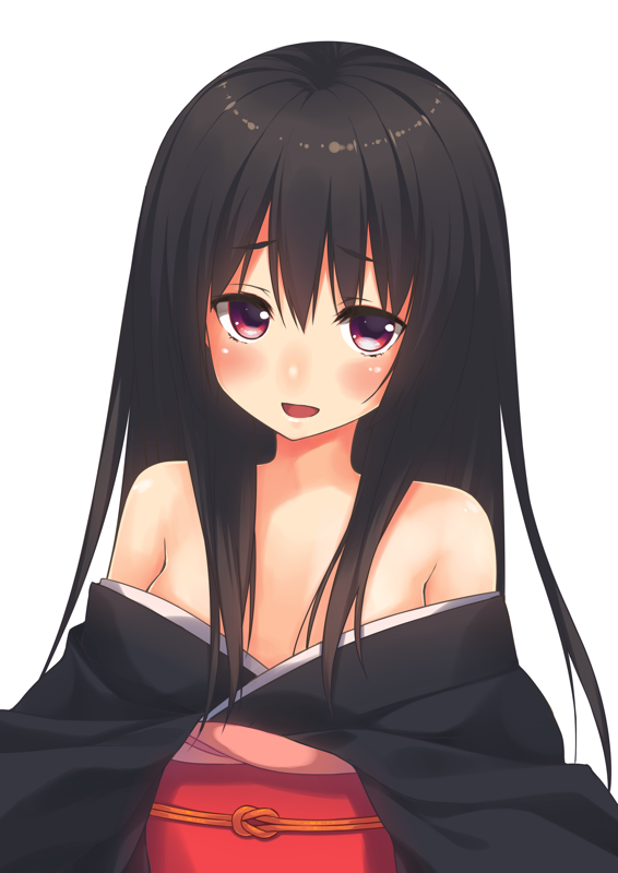 1girl, :d, bare_shoulders, black_hair, breasts, ite_fuji, japanese_clothes, kimono