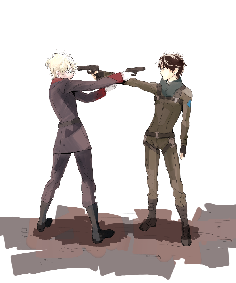 2boys, aldnoah.zero, brown_eyes, brown_hair, green_eyes, gun, kaizuka_inaho, male
