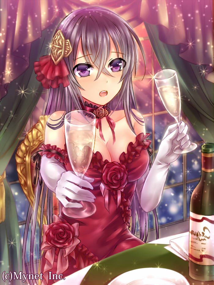 1girl, alcohol, angelmaster, black_hair, breasts, champagne, cleavage, dress