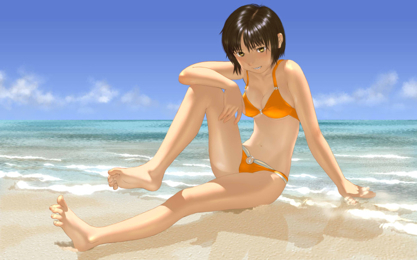 1girl, arm_support, barefoot, beach, bikini, breasts, brown_hair, cleavage, feet, grin, highres, legs, navel, ocean, original, sawanoya, short_hair, sitting, sky, smile, soles, solo, swimsuit, toes, water, yellow_eyes