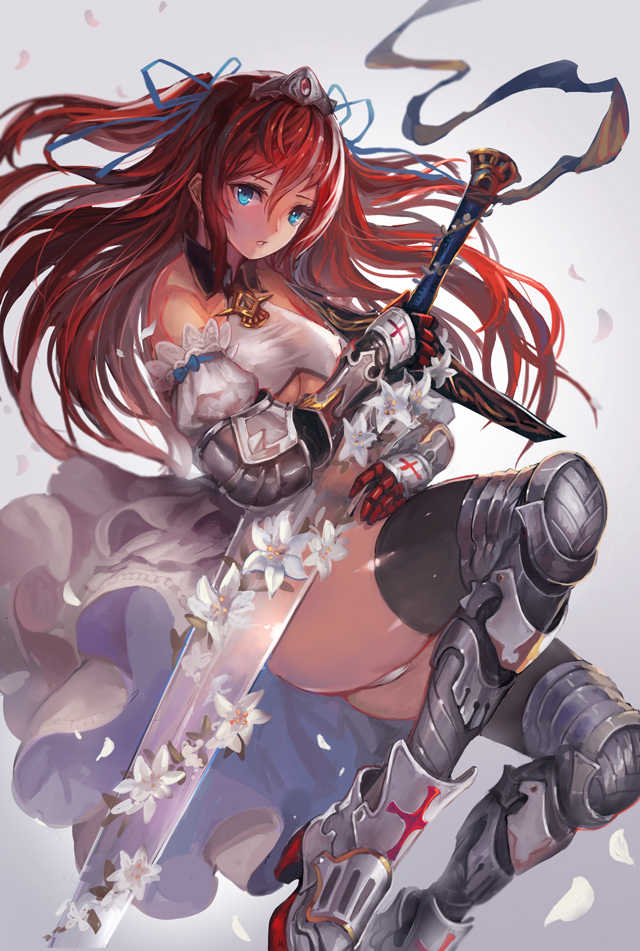 1girl, armor, ass, bare_shoulders, blue_eyes, breasts, detached_sleeves, flower