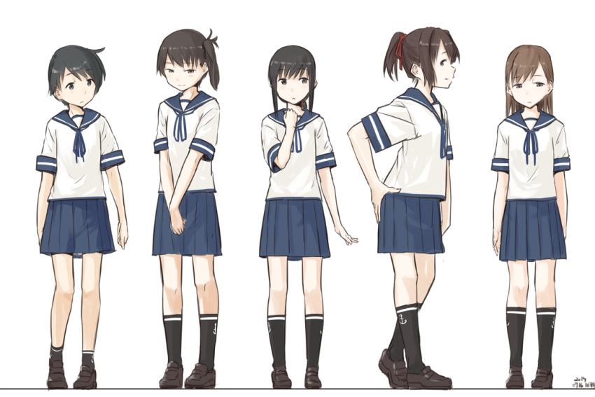 5girls, alternate_costume, anchor_symbol, black_hair, black_legwear, blue_skirt, brown_hair, dated