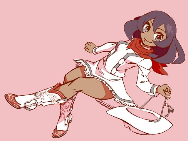 1girl, alternate_costume, black_hair, blue_eyes, boots, cowboy_boots, cowboy_hat, dark_skin