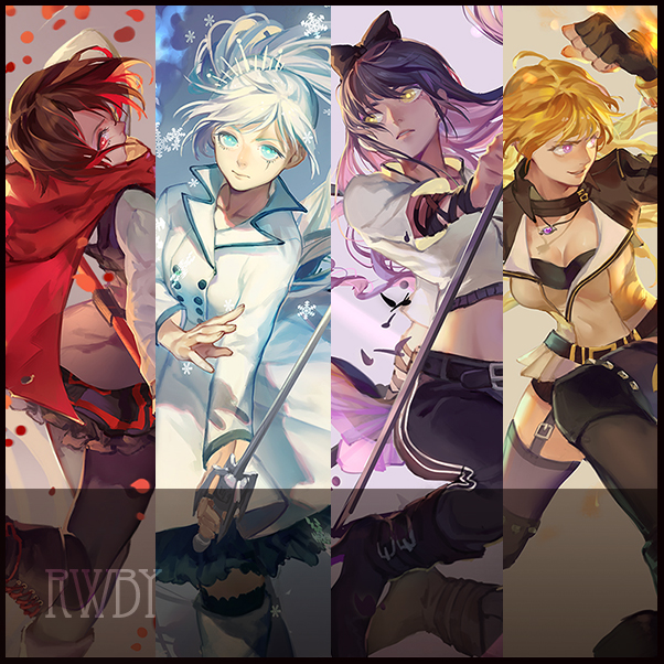 4girls, black_hair, blake_belladonna, blonde_hair, breasts, cape, long_hair, multiple_girls