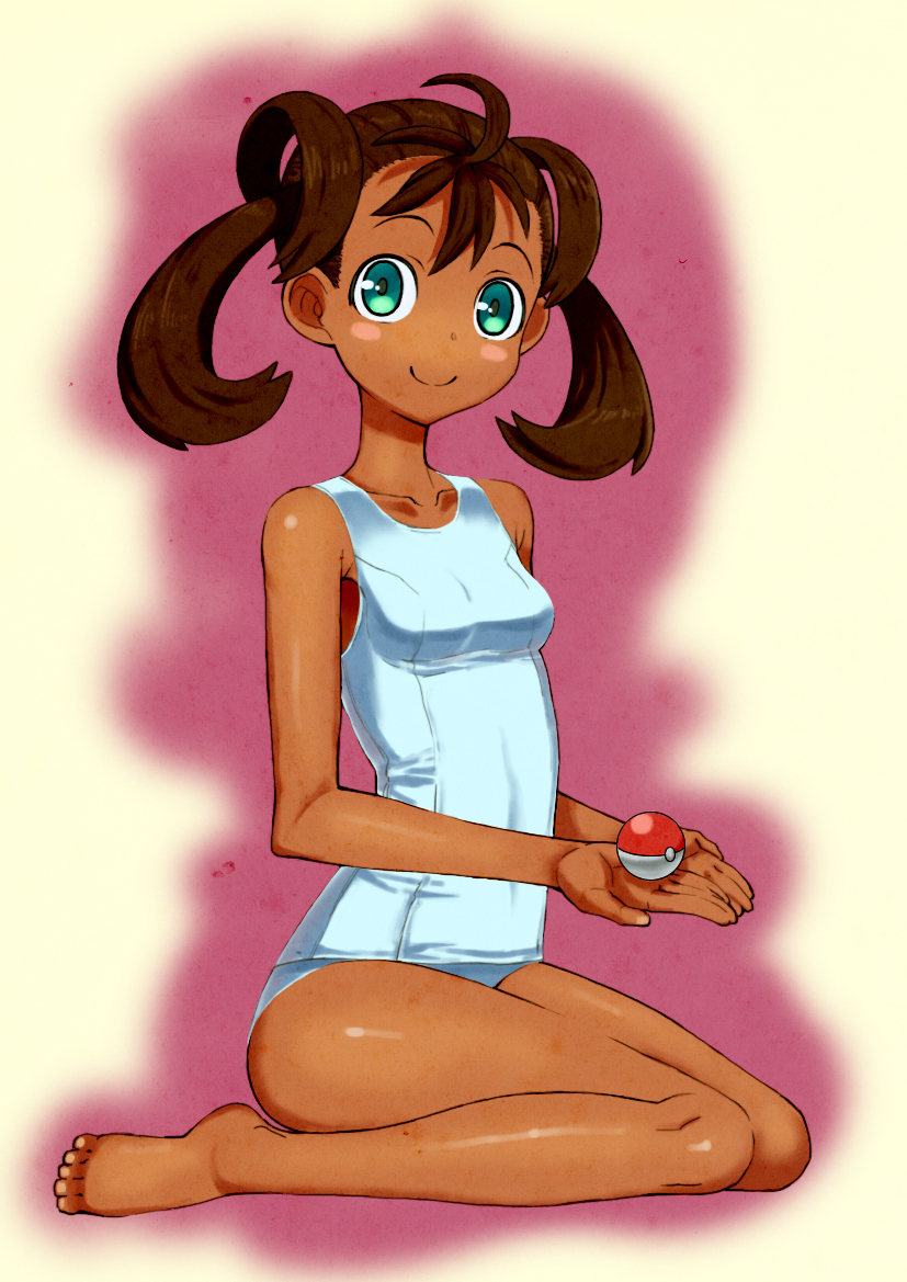 1girl, antenna_hair, barefoot, blush, blush_stickers, brown_hair, cupping_hands, green_eyes