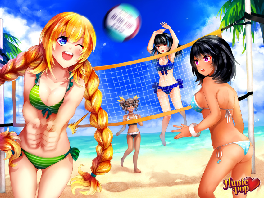 4girls, aiko_yumi, alternate_hairstyle, artist_request, ass, ball, barefoot, beach