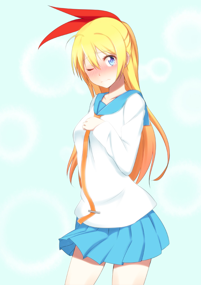 1girl, blonde_hair, blue_background, blue_eyes, blue_skirt, blush, hair_ribbon, kirisaki_chitoge