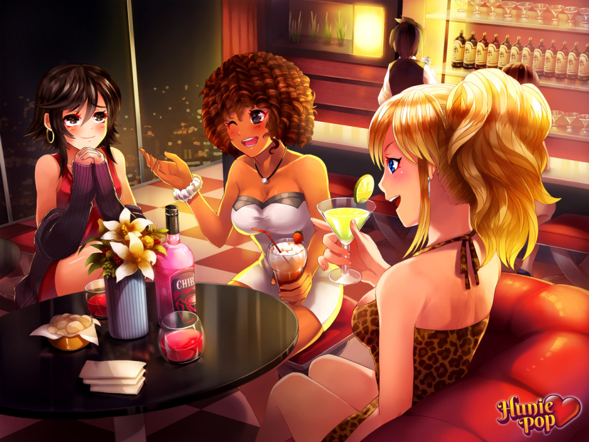 3girls, ;), aiko_yumi, artist_request, bare_shoulders, black_hair, blonde_hair, blue_eyes