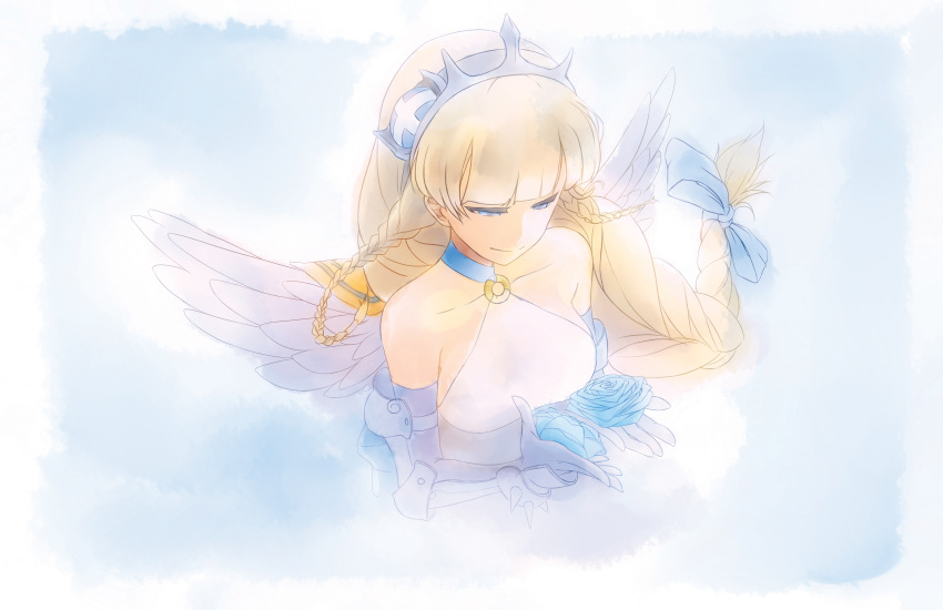 1girl, absurdres, aerlai, bangs, bare_shoulders, blonde_hair, blue_eyes, blue_rose