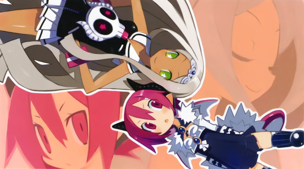 2girls, boots, closed_eyes, cosplay, costume_switch, disgaea, green_eyes, hands_on_hips