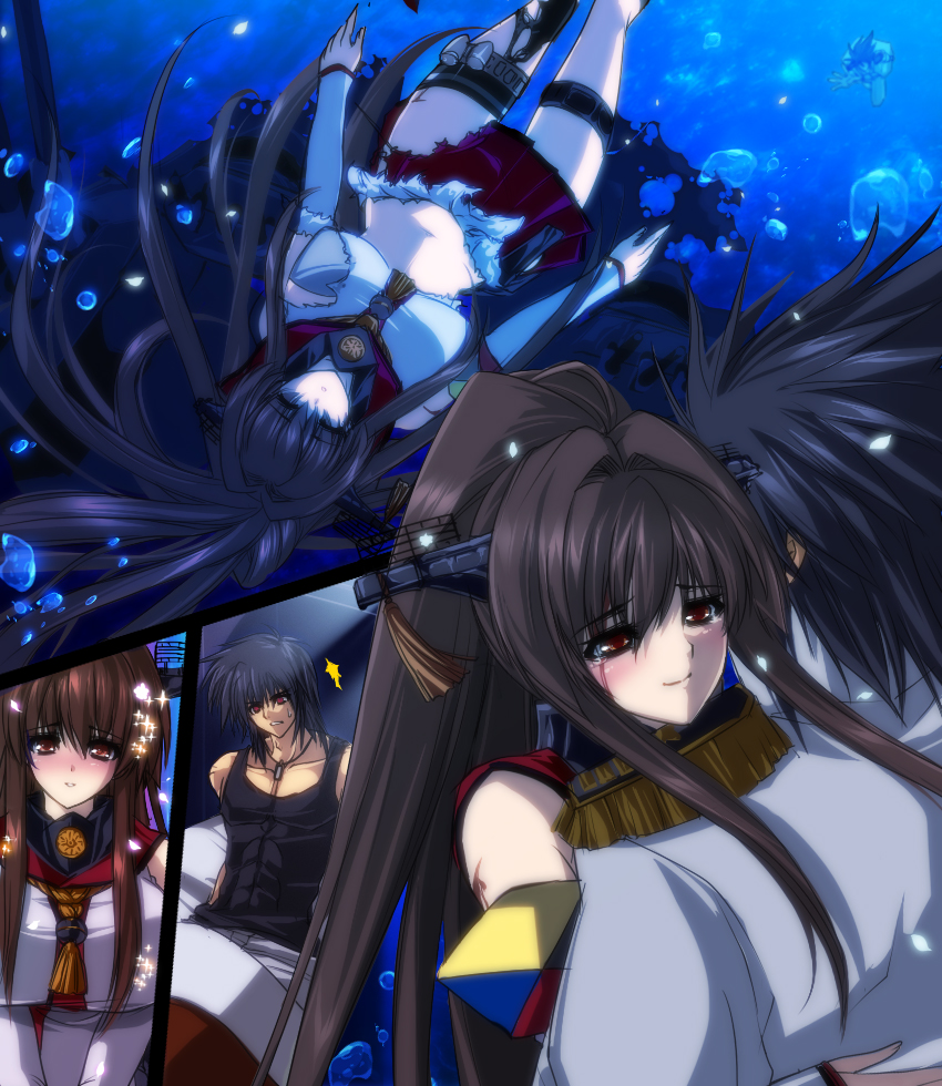 /\/\/\, 1boy, 1girl, admiral_(kantai_collection), black_hair, blood, blush, breasts
