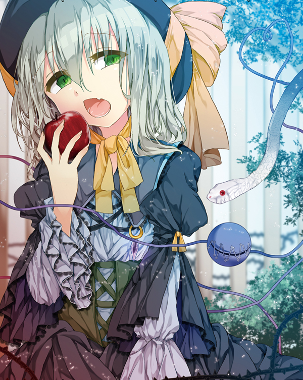 1girl, alternate_costume, apple, black_dress, dress, food, fruit, gothic_lolita