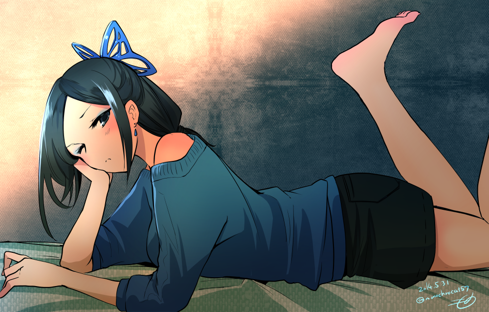 1girl, blush, dated, looking_at_viewer, lying, mono_(nekogoya), on_stomach, original