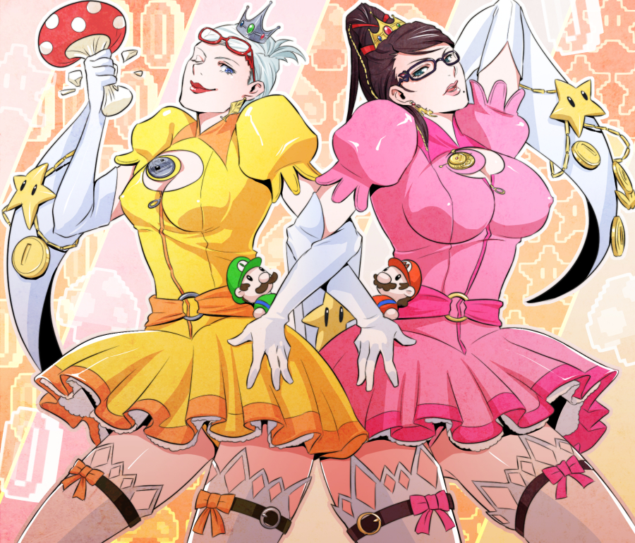 2girls, ;), bayonetta, bayonetta_(character), beehive_hairdo, blue_eyes, breasts, character_doll