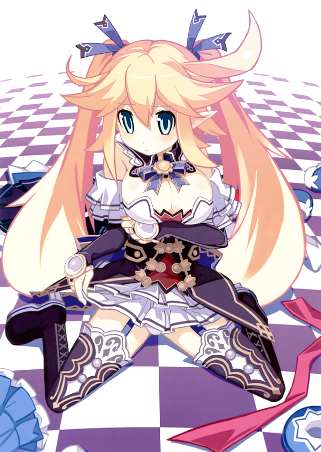 1girl, :/, artist_request, attouteki_yuugi_mugen_souls, attouteki_yuugi_mugen_souls_z, blonde_hair, blue_eyes, blush, breasts, bridal_gauntlets, choujigen_game_neptune, cleavage, detached_collar, full_body, garter_straps, hair_ribbon, long_hair, neck_ribbon, noire, noire_(cosplay), official_art, panties, pantyshot, pantyshot_(sitting), pointy_ears, ribbon, shilma_(mugen_souls), sitting, skirt_hold, solo, twintails, underwear, very_long_hair, wariza, white_panties