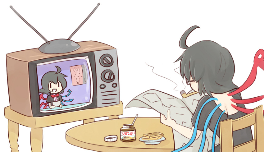 1girl, :d, ahoge, asymmetrical_wings, bespectacled, black-framed_glasses, black_hair, bow