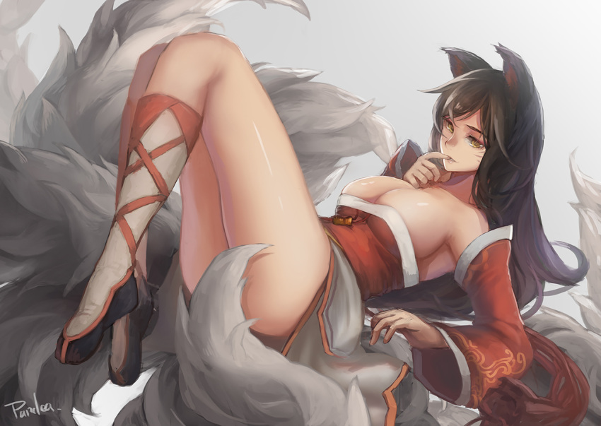 1girl, ahri, animal_ears, black_hair, breasts, detached_sleeves, finger_in_mouth, fox_ears