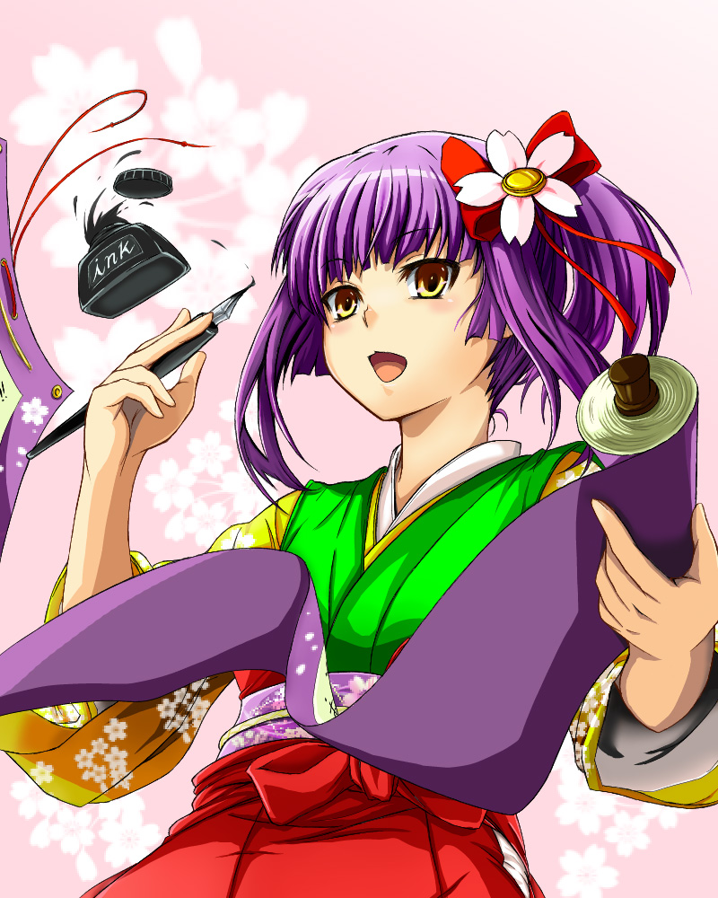 hieda_no_akyuu, ink, japanese_clothes, kuro_(jyupiter), purple_hair, short_hair, solo, touhou