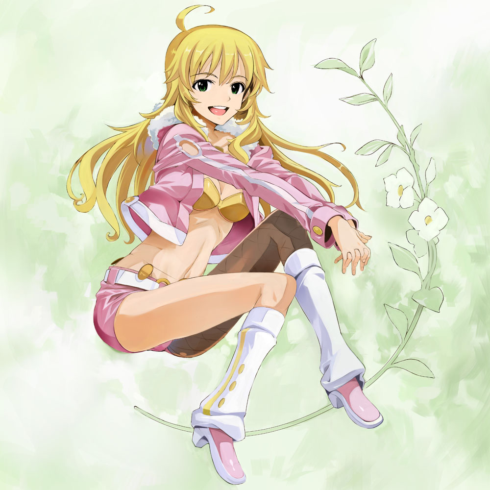 1girl, ahoge, asymmetrical_legwear, blonde_hair, fishnet_pantyhose, fishnets, flower, green_eyes