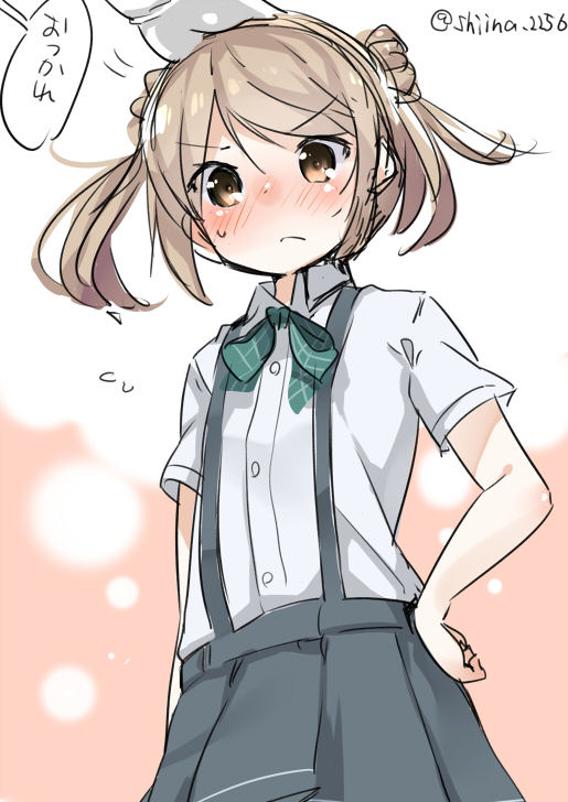 1girl, blonde_hair, blush, bowtie, double_bun, hand_on_hip, kantai_collection, michishio_(kantai_collection)