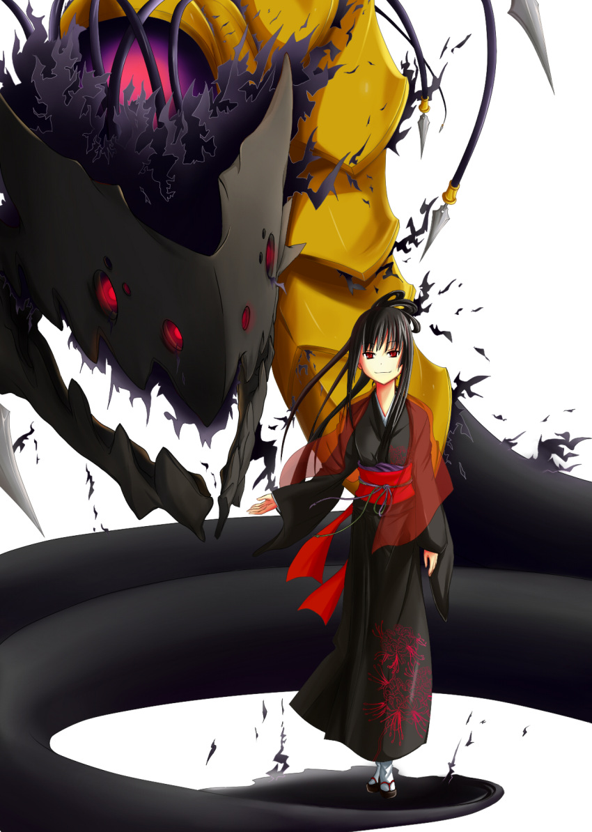 highres, japanese_clothes, kuro_(jyupiter), long_hair, monster, original, red_eyes, solo