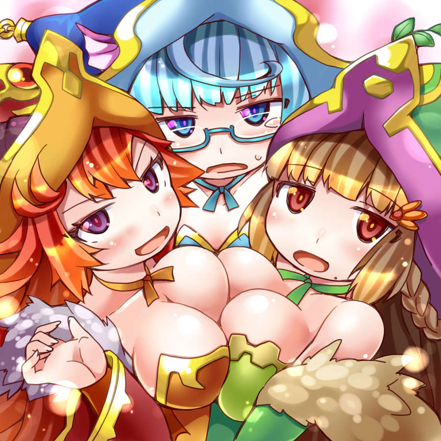 3girls, bare_shoulders, blonde_hair, blue-framed_glasses, blue_eyes, blue_hair, braid, breast_press