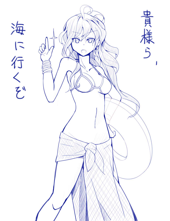 1girl, ahoge, archangel_metatron_(p&amp;d), bikini_top, innertube, long_hair, looking_at_viewer, memento_vivi, monochrome, navel, pointing, pointing_up, ponytail, puzzle_&amp;_dragons, sarong, solo, translation_request