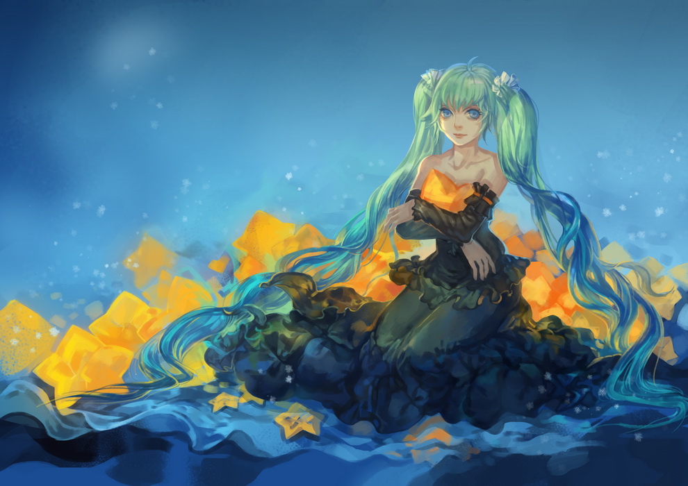 1girl, afra, ahoge, detached_sleeves, dress, green_eyes, green_hair, hatsune_miku