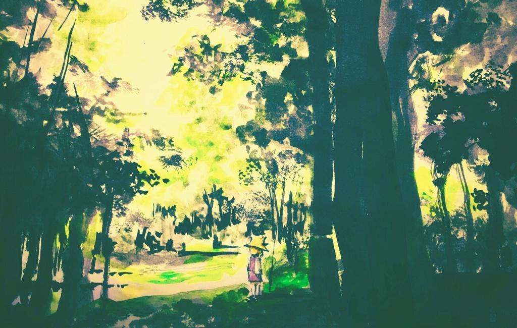 1girl, bush, faceless, forest, grass, hasunemachi, hat, light_rays, long_sleeves, medium_request, moriya_suwako, nature, purple_skirt, skirt, skirt_set, solo, standing, sunbeam, sunlight, thigh-highs, touhou, tree, zettai_ryouiki