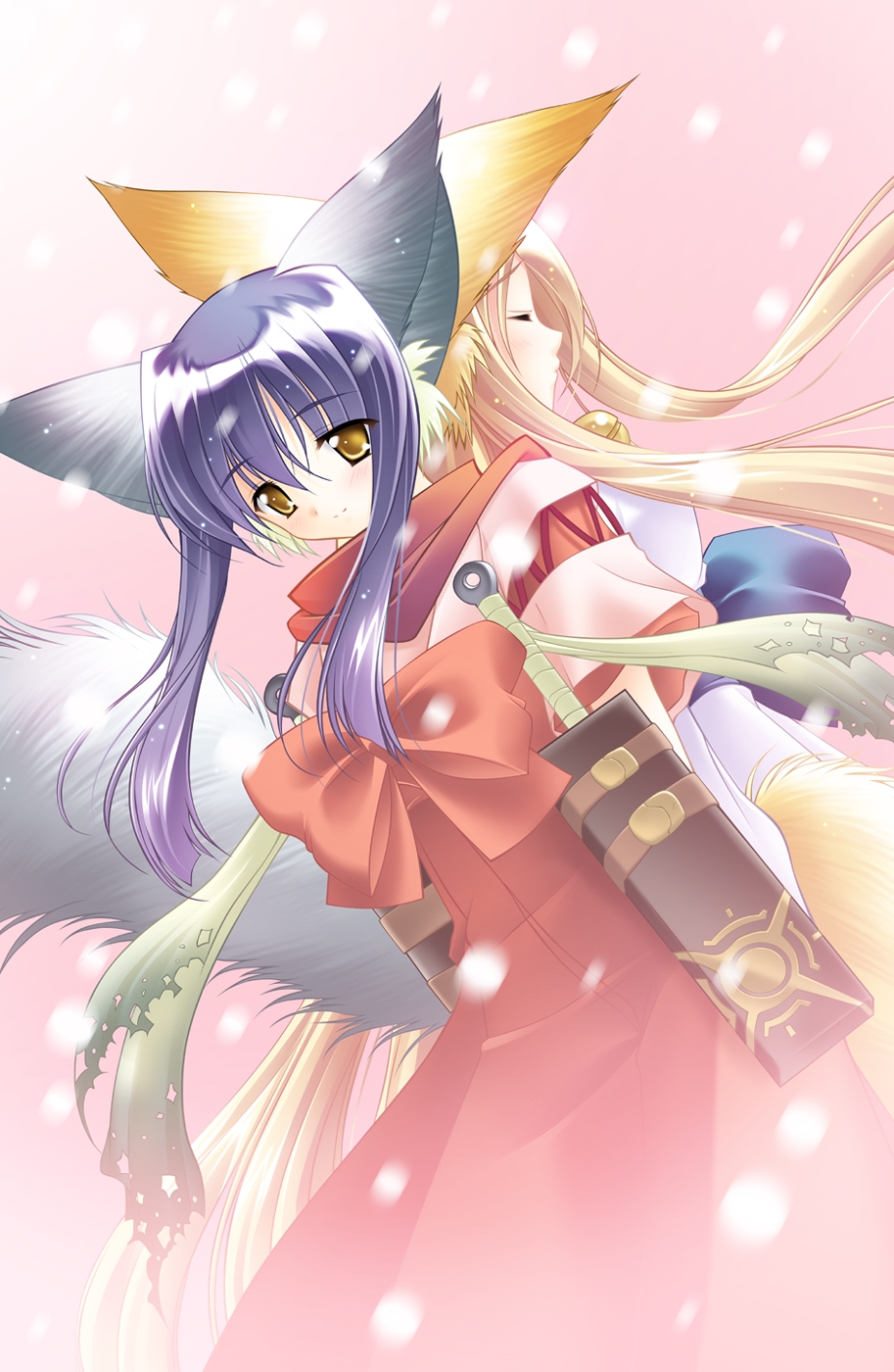 amber_eyes, animal_ears, back-to-back, blonde_hair, blue_hair, blush, carnelian, cat_ears