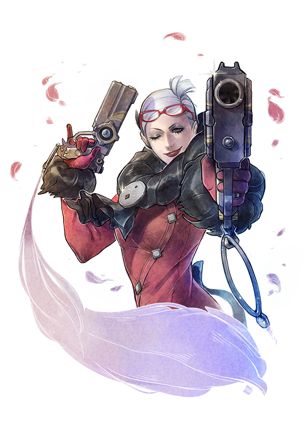 bayonetta, bodysuit, cottonbun, eyeshadow, glasses, glasses_on_head, gun, handgun, jeanne_(bayonetta), lipstick, makeup, pistol, weapon, white_hair