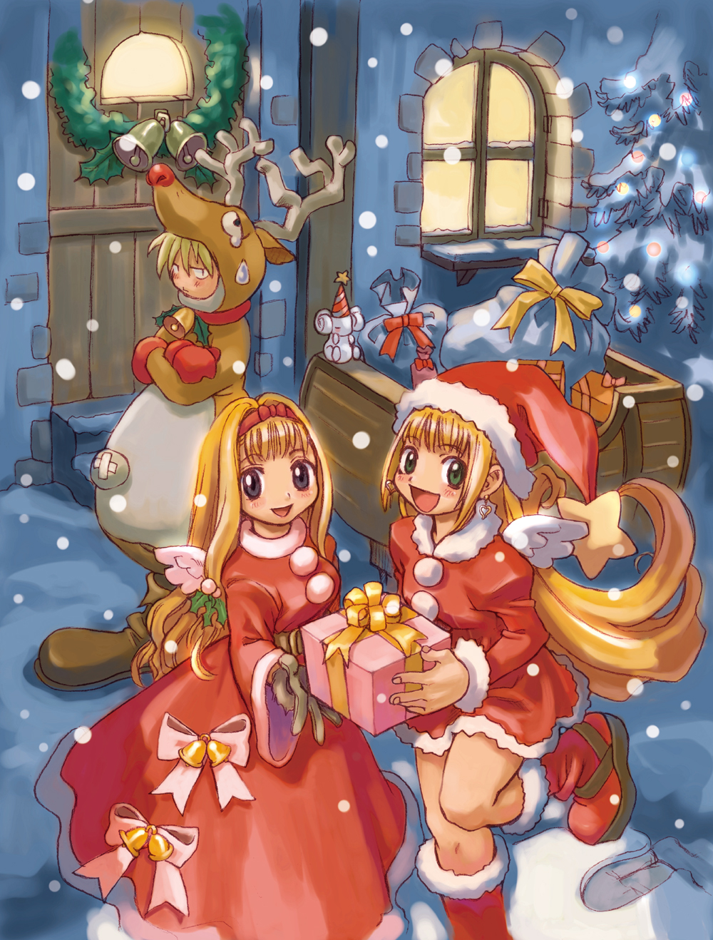 1boy, 2girls, animal_costume, annoyed, bell, blonde_hair, blue_eyes, boots
