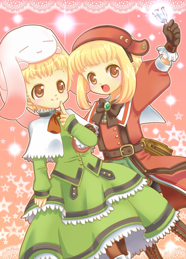 2girls, :d, antiphona_no_seikahime, arm_up, blonde_hair, bowtie, brown_eyes, clara_dorfer, coat, creature, dress, finger_to_mouth, gloves, green_dress, kairi_(oro-n), miabell_dorfer, multiple_girls, open_mouth, pink_background, rento_(antiphona), shawl, short_hair, siblings, sisters, smile, star