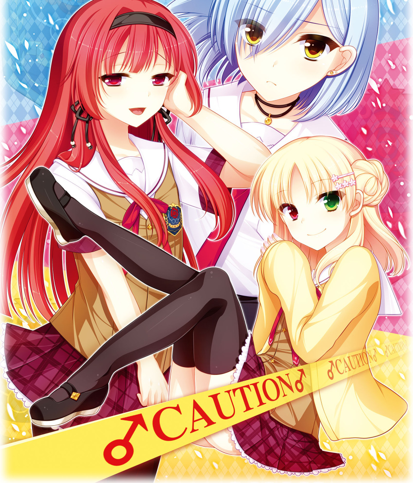 3boys, agekichi_(heart_shape), black_legwear, blonde_hair, blue_hair, flat_chest, green_eyes, hair_ornament, hairclip, heterochromia, highres, josou_gakuen_(nin), long_hair, mary_janes, multiple_boys, naughty_face, red_eyes, redhead, shoes, smile, thighhighs, trap, yellow_eyes